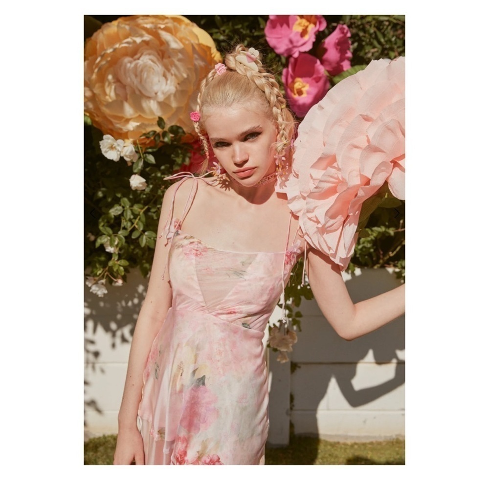 For Love & Lemons Pink Floral Chiffon Maxi Dress Small NWT Romantic - Picture 5 of 16